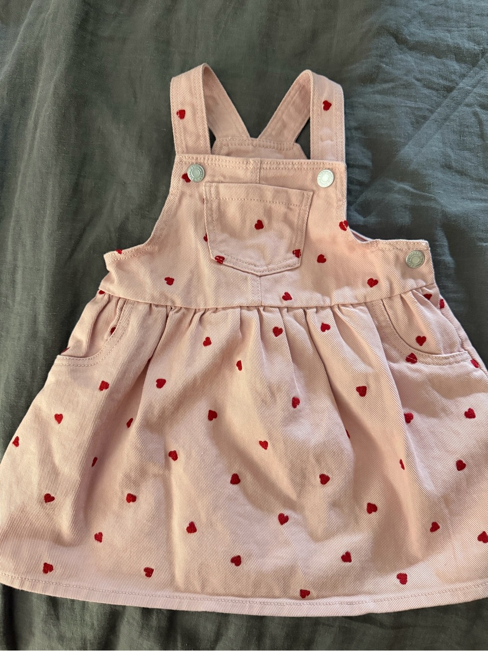 H&M Pink Overall Dress with Red Heart Print